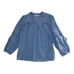 LOFT Top Blue Paisley Ruffle Puff Long Sleeve Button Boho‎ Spring Women's Small